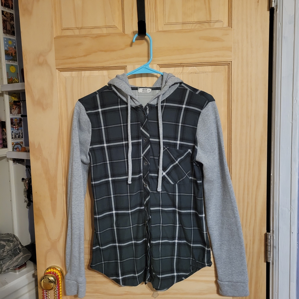 Ardene Black and Gray Plaid Hooded Shirt